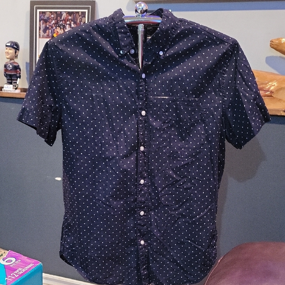 J. Crew Navy Short-Sleeve Button-Down with White Dot Pattern